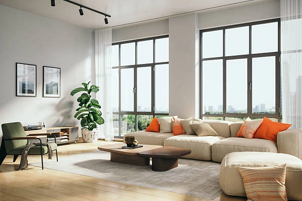floor-to-ceiling windows with sheer curtains