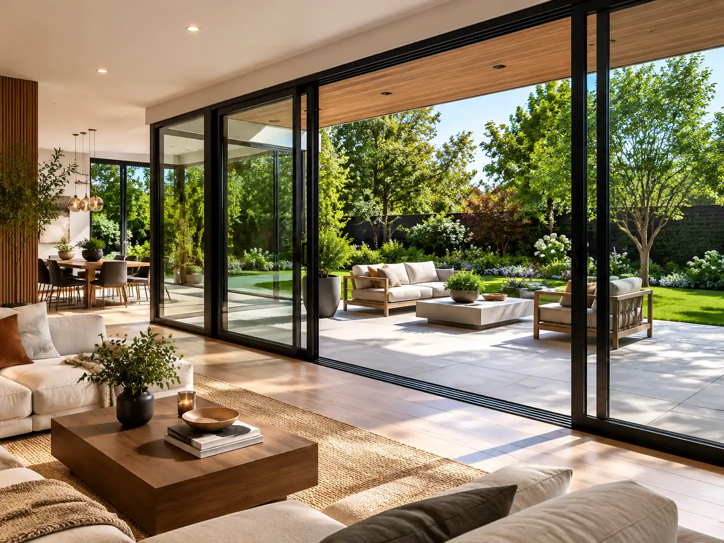 modern aluminum sliding doors connecting indoor living room with outdoor patio