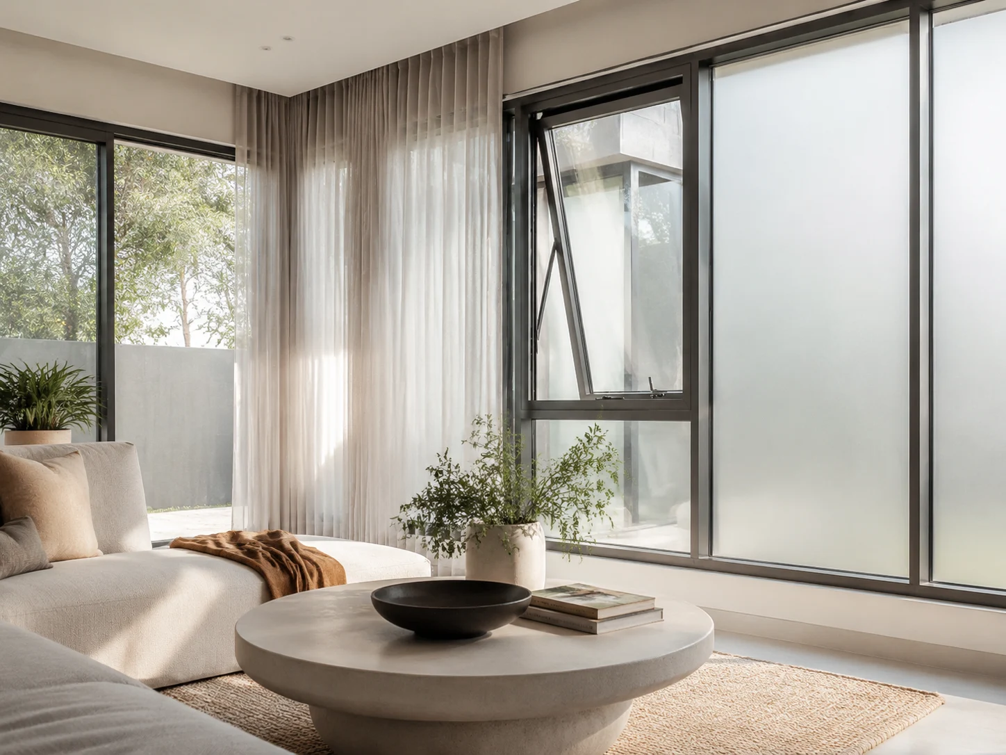 modern aluminum windows bringing natural light ventilation and privacy into a bright home interior