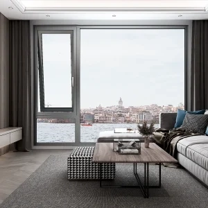 living room with waterfront view window