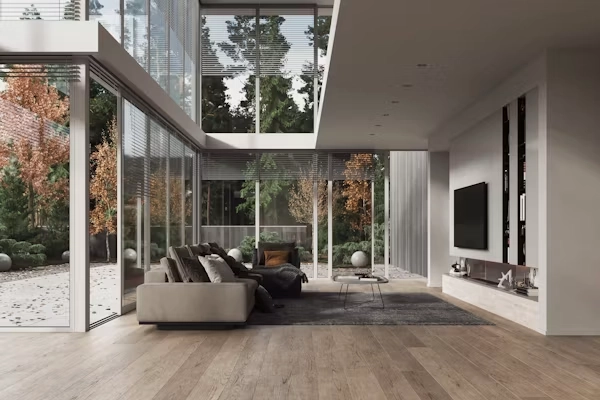 modern living room with floor-to-ceiling windows
