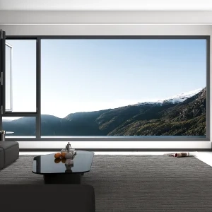 panoramic mountain view through large window