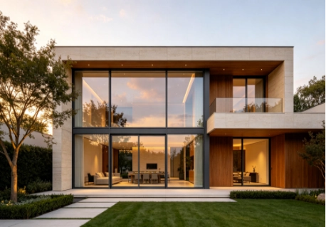 Modern villa with large areas of thermally broken aluminum windows