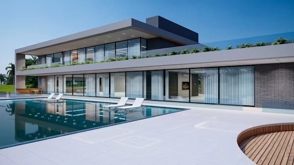 modern villa sliding glass doors pool
